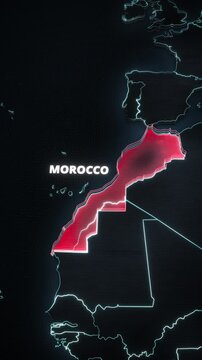 Stylized 3D map animation highlighting Morocco, North Africa, featuring a red glowing area, extruded borders, and bold typography for a vertical travel and news-style graphic template.
