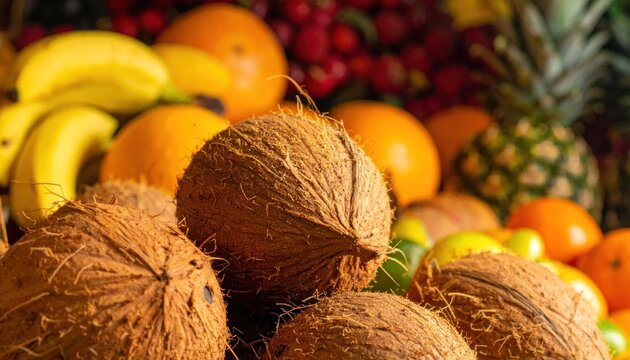 Variety of fresh tropical fruits including whole coconuts.