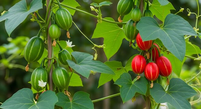 Ripe and unripe ivy gourd fruits on vine. Coccinia grandis growing in a lush garden.