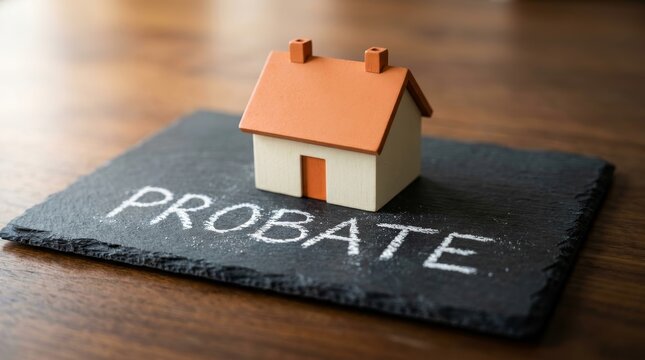 Estate legal proceedings concept featuring a small house and probate text on slate.