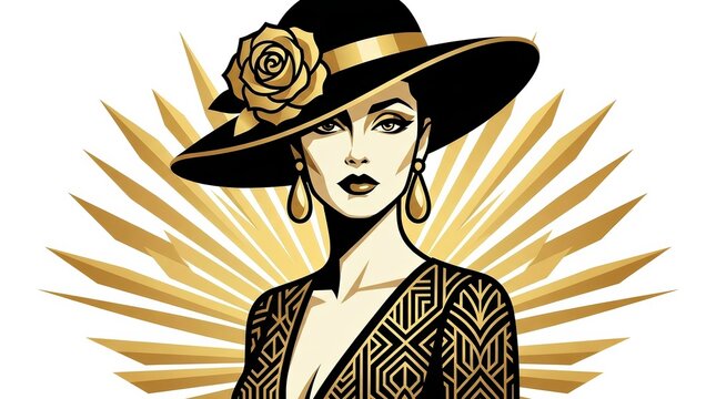 Glamorous vintage lady wearing a black hat with gold flower adornment and patterned dress.
