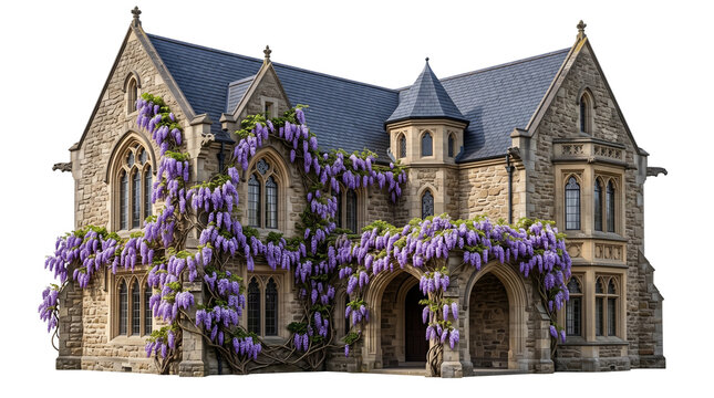 Victorian stone manor with blooming purple wisteria, historic gothic revival architecture, luxury country estate house with floral vines isolated PNG with Transparent Background