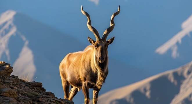 Markhor standing on mountain rocks. Rare wild goat with spiral horns in high altitude habitat.