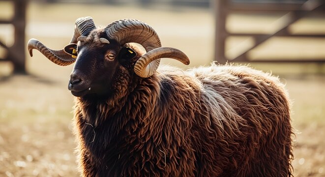 Black ram with large curved horns. Portrait of a woolly sheep standing on a farm.
