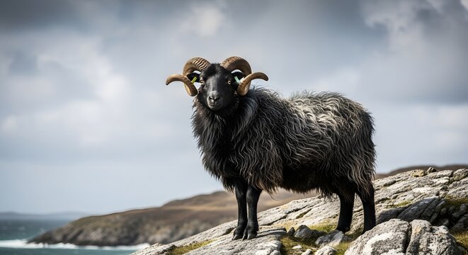 Black ram standing on a rocky cliff. Portrait of a horned sheep in a coastal landscape.