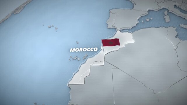 3D map animation highlighting Morocco, North Africa, featuring a national flag, glowing borders, and typography for a travel and news-style graphic template.
