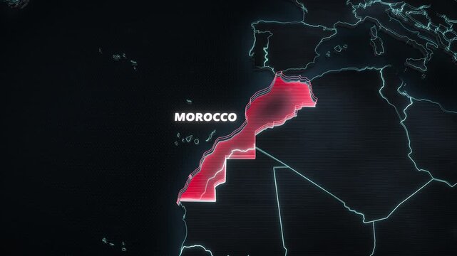 Stylized 3D map animation highlighting Morocco, North Africa, featuring a red glowing area, extruded borders, and bold typography for a travel and news-style graphic template.

