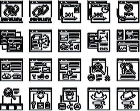 Collection of line icons illustrating various digital marketing, search engine optimization, and web development strategies for promoting online presence and improving search engine rankings
