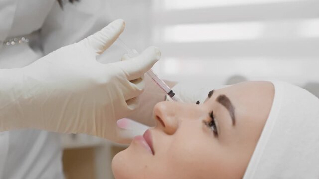 Aesthetic medicine specialist performs a non surgical nose correction using a syringe on a young woman. The patient is relaxed, highlighting the safety and popularity of beauty treatments