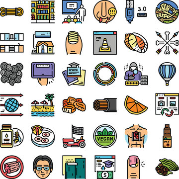 Variety of colorful outline vector icons representing different concepts, objects, and activities for web design, applications, and digital interfaces