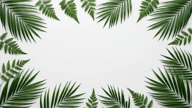 Tropical Palm and Fern Leaves Frame on White Backdrop Top View. 4K Video