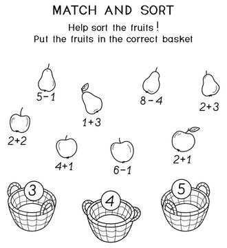 Coloring page with math game for kids about sorting. Help them sort the fruit into baskets