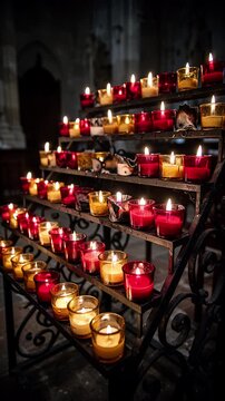 Rows of red and gold votive candles burning on an iron rack in a dim chapel