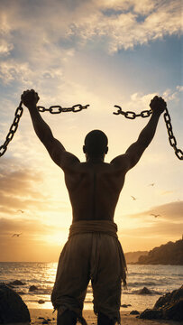 African american man lifting broken chains above head on beach at sunset. Concept of freedom and liberation from slavery. Remembrance of the slave trade and its abolition movement.