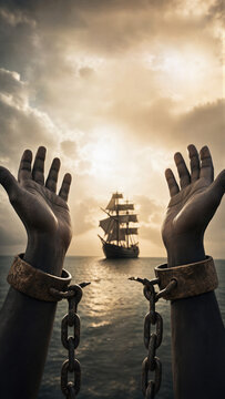African man raising hands with broken metal chains against historical sailing ship on ocean. Reminiscence of slave trade and abolition. Concept of freedom, liberation and human rights.