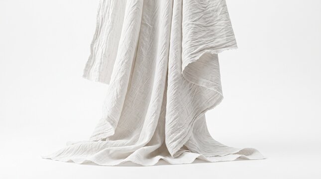 Elegant white linen textile draped gracefully over a white background with soft folds with showcases textured white fabric draped elegantly against seamless background
