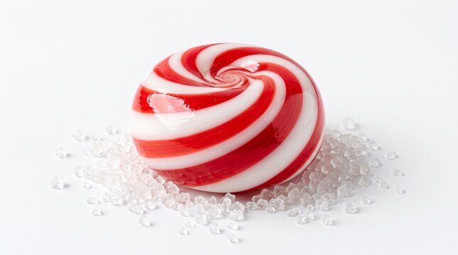 Red and white striped peppermint candy with sugar crystals with candy resting coarse confectionery crystalline chocolate delicious dietitian