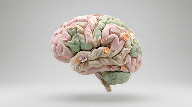 Abstract human brain sculpture made of pastel colored textured material on grey background