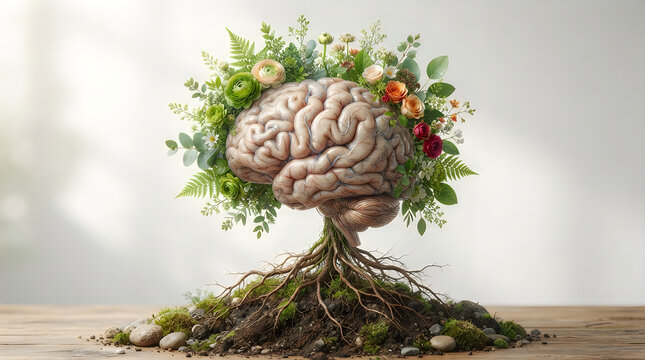 Human brain growing like a tree with roots and flowers in soil concept of mental growth, creative