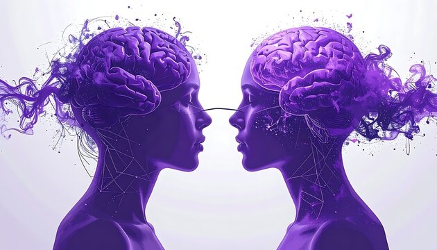Two facing profiles of pixelated human heads in profile, purple brains dissolving into splash and particles, representing connection or divergence