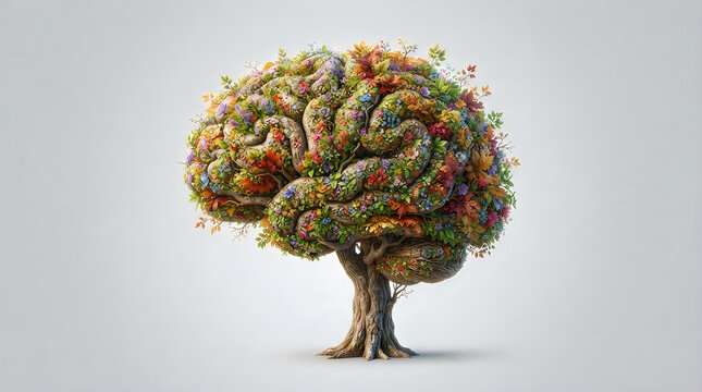 Abstract human brain shaped tree with colorful foliage symbolizing cognitive growth and learning