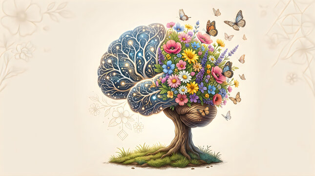 Artistic human brain tree with flowers and butterflies symbolizing creative thinking and mental
