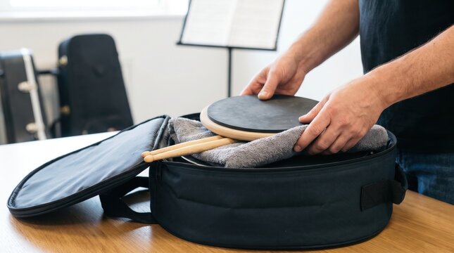Person packing a round practice drum pad and wooden drumsticks into a black zippered carrying bag