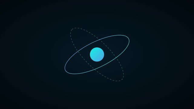 Minimalist atom model animation: rotating blue nucleus with orbital rings for science and technology concepts 4k