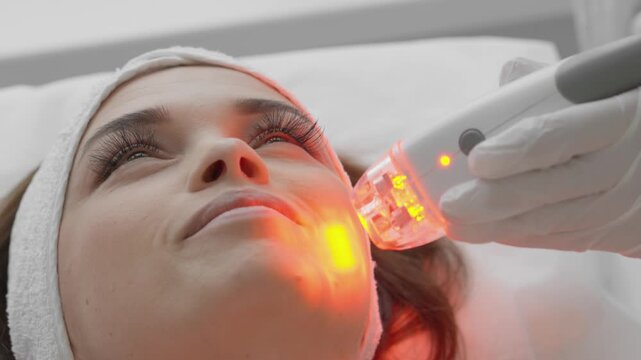 Close up of a young woman undergoing a non invasive LED facial therapy session for enhanced skin texture and radiance. The treatment is performed by a cosmetologist in a clinical setting