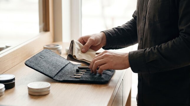 Person selecting a small square cleaning cloth from an unrolled felt tool pouch containing precision maintenance tools