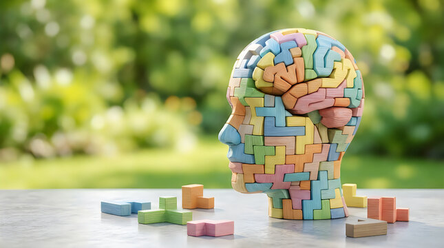 Human head profile made of colorful puzzle blocks symbolizing brain function and mental health