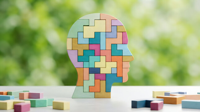 Profile view of human head shape constructed from colorful interlocking building blocks