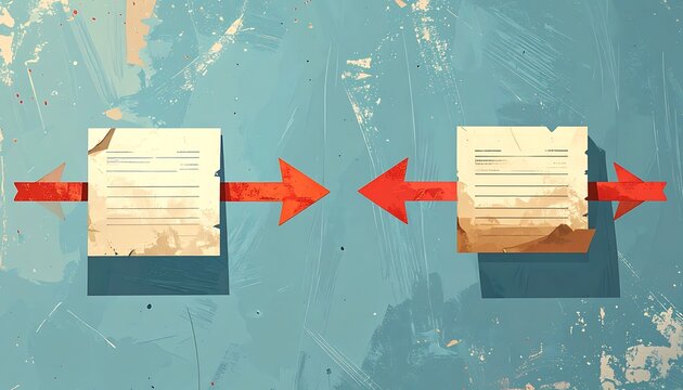 Two aging documents with red arrows indicating exchange, transfer, or communication against a textured background, symbolizing data migration or document workflow