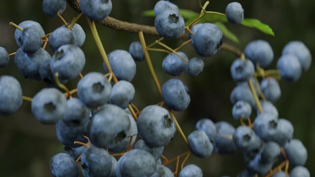 Realistic 4K 3D animation showing blueberries growing from initial flower blossom to fully ripe fruit. Detailed time lapse transformation process for agricultural, nutrition, and food visuals.