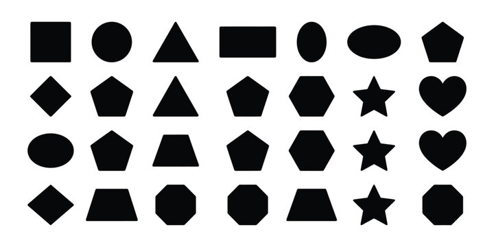 Colorful geometric shapes including circles, squares, triangles, stars, hearts, polygons, rectangles, diamonds and ovals. Basic educational shapes vector illustration.
