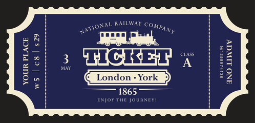 Fototapeta premium Vector retro train ticket template featuring a vintage steam locomotive and carriage, inscriptions, and dates. Premium version. 