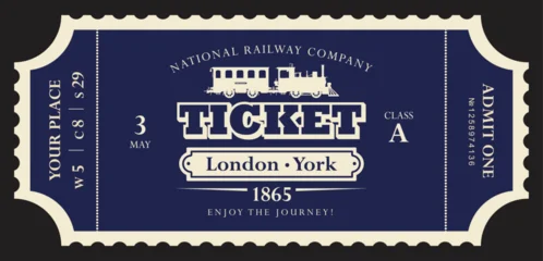 Vector retro train ticket template featuring a vintage steam locomotive and carriage, inscriptions, and dates. Premium version.  © paseven