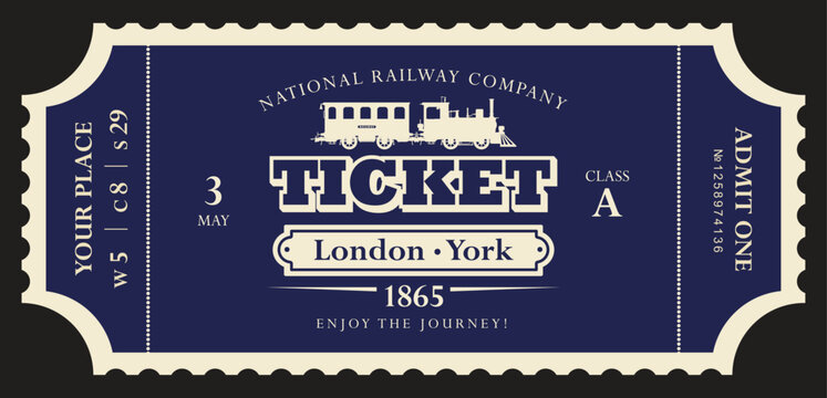 Vector retro train ticket template featuring a vintage steam locomotive and carriage, inscriptions, and dates. Premium version. 