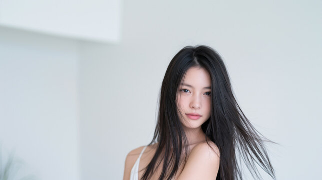 young asian woman with oval face and deep eyes portrait, elegant asian female beauty portrait with natural skin and refined features, closeup portrait of young asian woman 