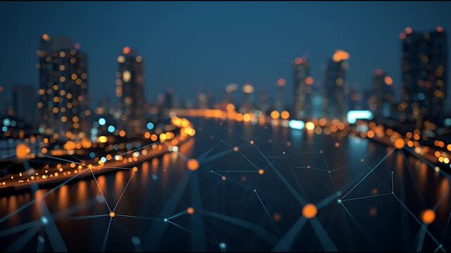 abstract cloud social media innovative cyber security network, using interconnected nodes to represent business partnerships on the Smart digital Innovation city with connection network reciprocity 