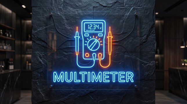 Neon multimeter sign on dark stone wall, glowing blue and orange electrical tester icon, modern workshop interior with digital voltmeter display