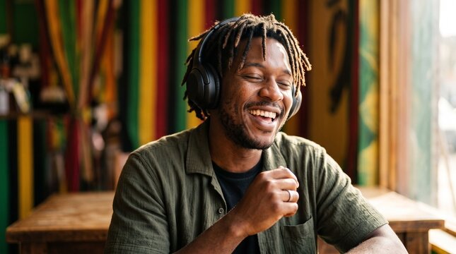 Joyful Black man with dreadlocks wearing wireless headphones, laughing while listening to music in a vibrant reggae-themed cafe.