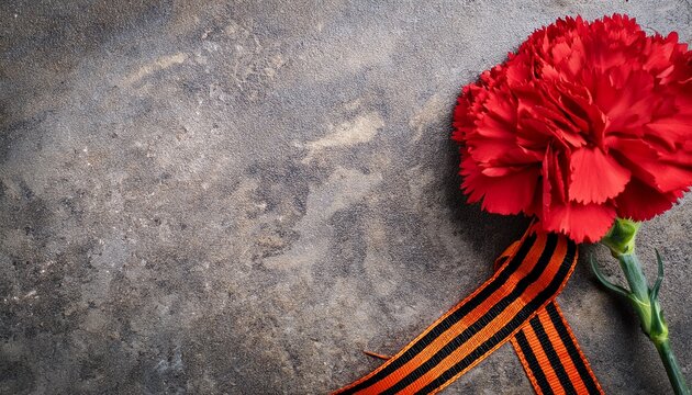 st george ribbon and vibrant red carnation on textured concrete background with ample copy space for commemorating victory day and the second world war
