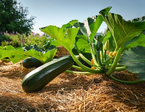 zucchini growing in an organic garden bed developing fruit with green foliage and dry straw mulch