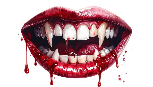 Vampire lips with blood dripping, sharp fangs exposed, graphic horror imagery