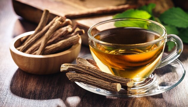 licorice root sticks preparing infusion in glass natural herbal medicine and healthy food concept