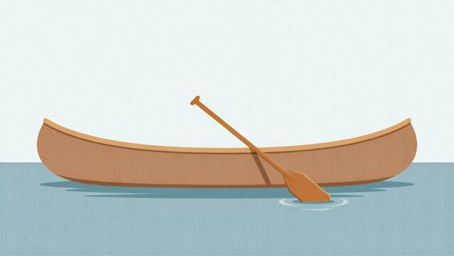 Wooden canoe floating on calm blue water with paddle resting inside with oar resting transportation illustration