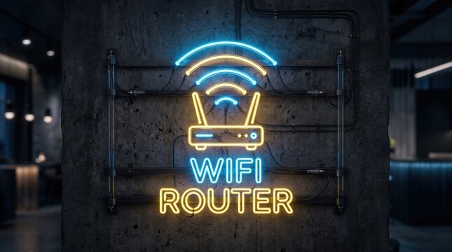 Neon wifi router sign on concrete wall, glowing blue and yellow wireless internet symbol, modern network connectivity concept for cafe or office