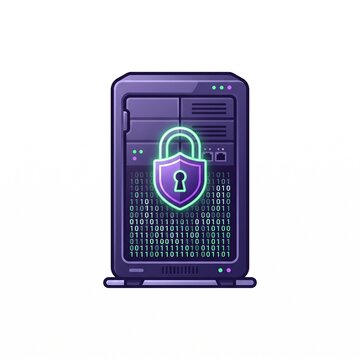 Data server rack icon with glowing security padlock for database protection and cloud infrastructure safety