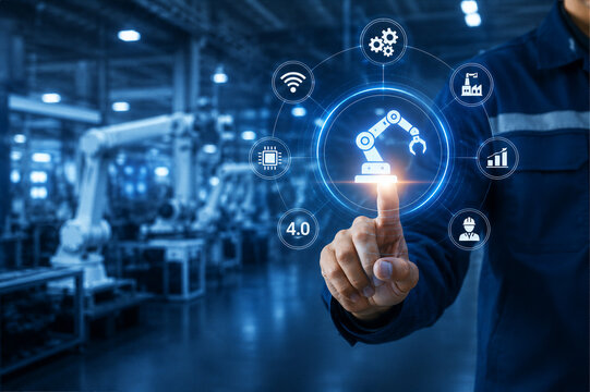 Engineer touching cloud computing icon with automation and IoT technology interface in smart factory, industry 4.0 concept
